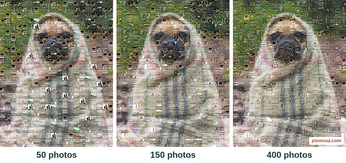 The same photo mosaic of a pug made with 50, 150 and 400 photos: with 50 photos the same images repeat everywhere; with 400 the mosaic is more varied.