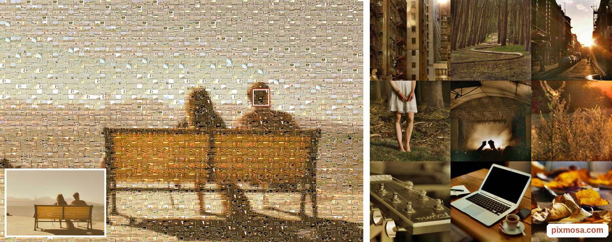 Photo of a couple sitting on a bench, turned into a photo mosaic, with a close-up of nine cells where each small photo can be recognised.