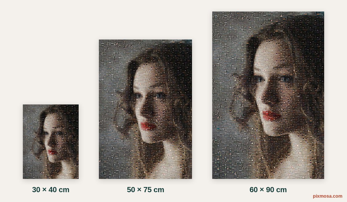 La même mosaïque photo d’un portrait de femme en 30 × 40, 50 × 75 et 60 × 90 cm, dessinées à la même échelle côte à côte.